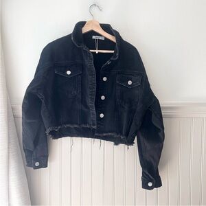 Tsher Dark Charcoal Black Cropped Distressed Jean Jacket size small